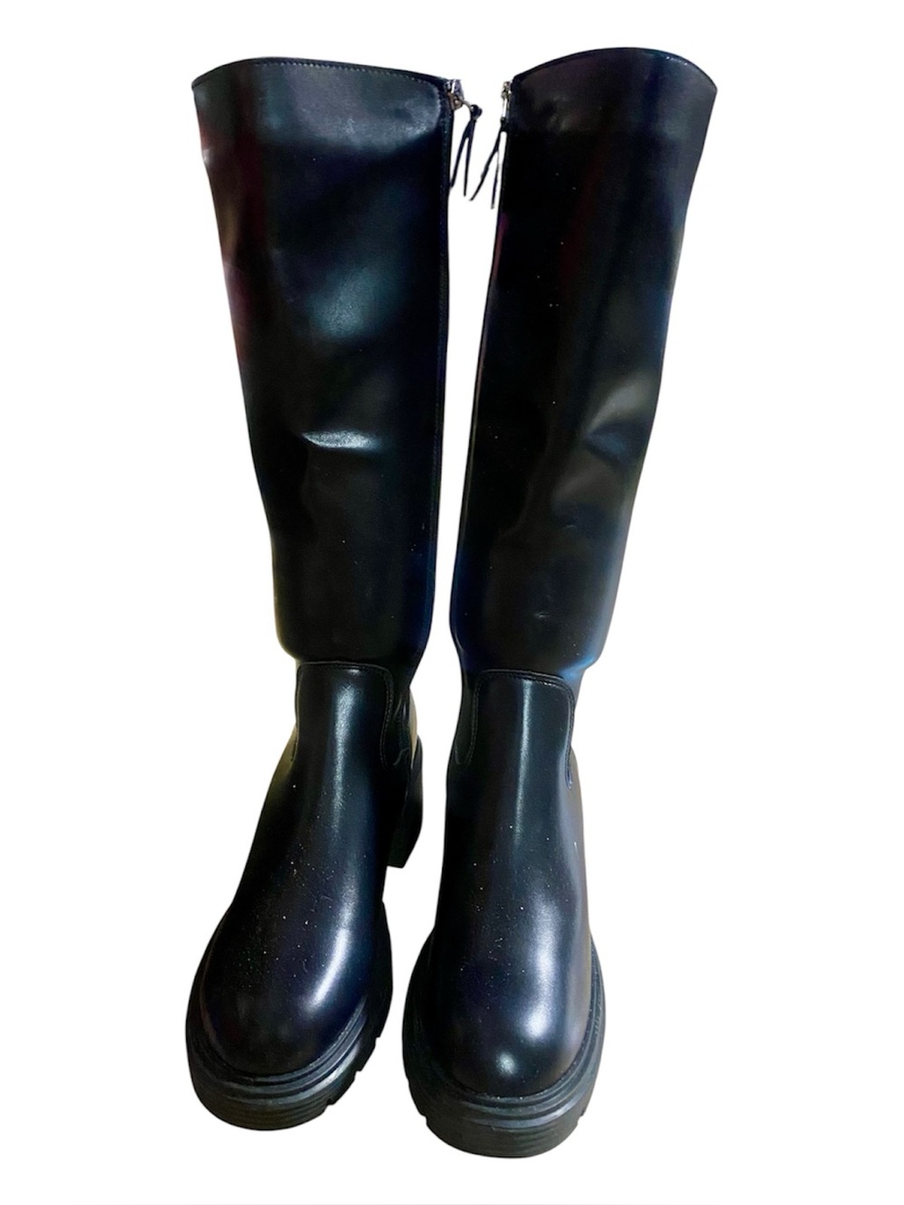Shiny Black Vegan Leather Under Knee Zip Up Platform Boots